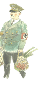 Watercolour of a German officer carrying a baguette and string shopping bags